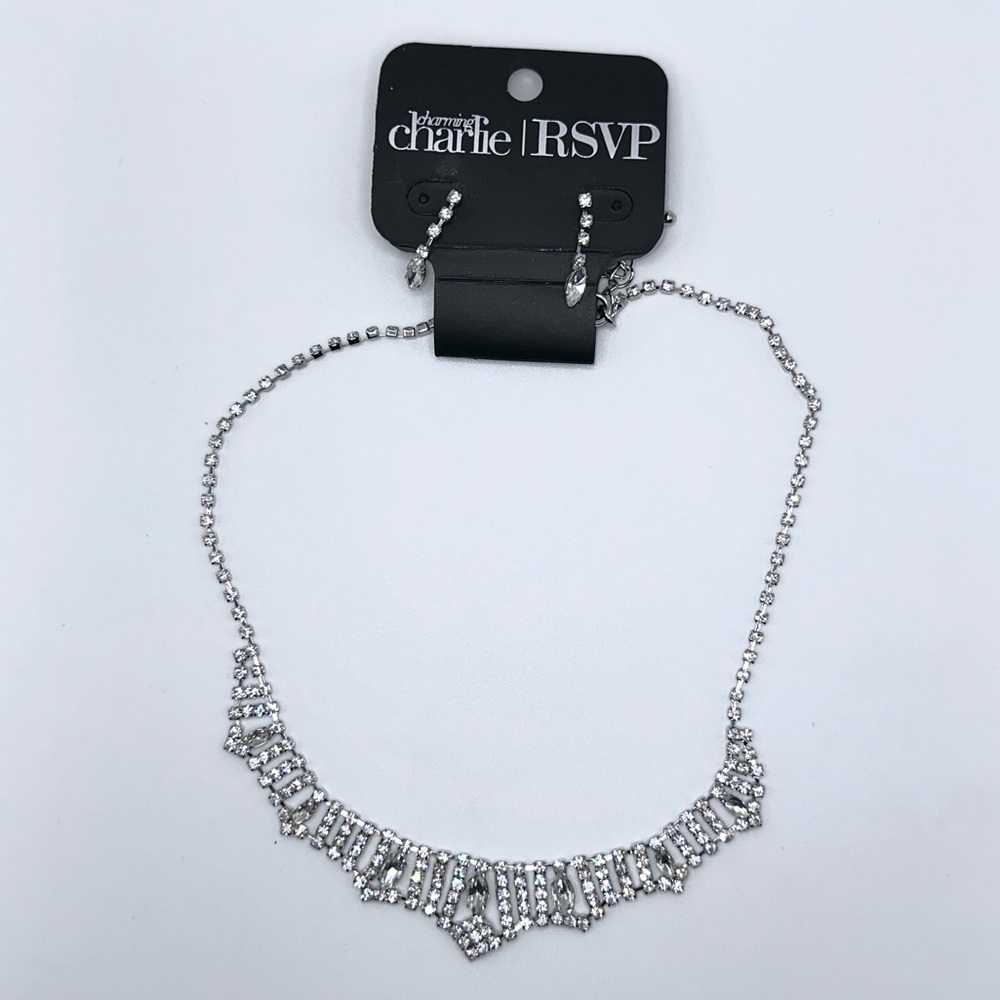 NWT Charming Charlie Silver Rhinestone Necklace and Earring Set